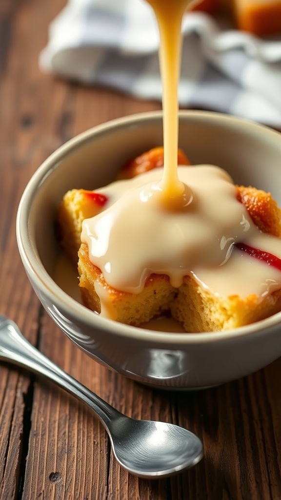 Creamy bread pudding sauce in a bowl, drizzled over a slice of bread pudding on a wooden table.